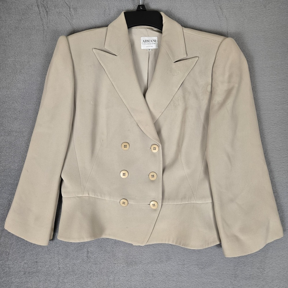 Armani Collezioni Crop Blazer Womens 48 Beige Double Breasted‎ Italy Silk *READ
